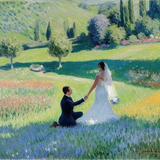 Prompt: The bride and groom dance in the field in front of little houses, and the bride holds the flower in her hand, a blue sky. the castle in the moutain behind the scene, Monet style. oil  color 