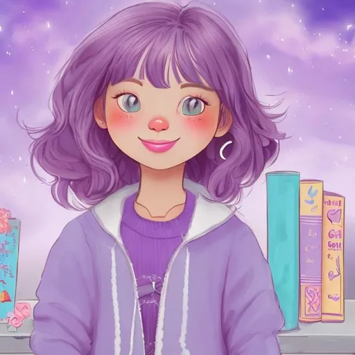 Prompt: A girl who likes cats and the colour purple and sky blue.  She likes books and songs