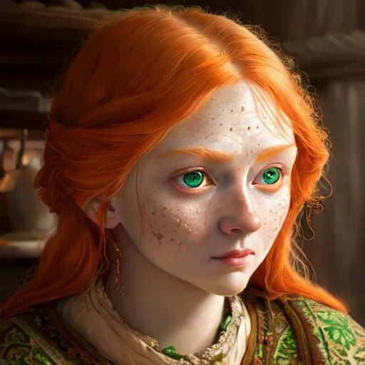 Prompt: Hyperrealistic painting of a peasant ginger women, nighttime, somber, 16k, highly detailed, big green eyes, exquisite , highly detailed, fluffy, intricate details, beautiful, lovely, adorable, beautiful, flawless, masterpiece, soft dramatic moody lighting, radiant love aura, ultra high quality octane render, hypermaximalist, kitchen, happy,closeup of face