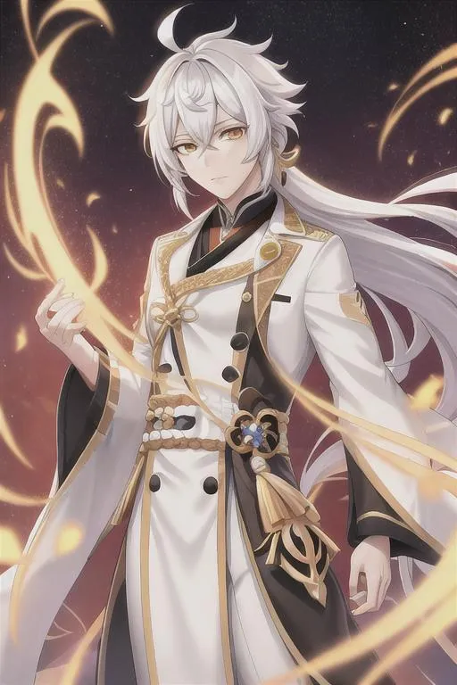 Prompt: genshin impact, white hair, golden orange eyes, male, long hair, galaxy cloak