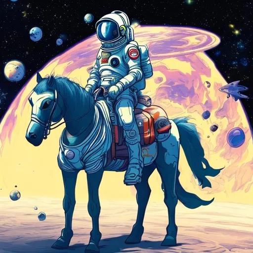 Prompt: Futuristic space cowboy riding a horse in a space suit. the space suit for the cowboy and the horse should be thin. they should be on an obviously alien planet. Ensure that the horse has 4 legs and the cowboy has 2 legs and 2 arms.

