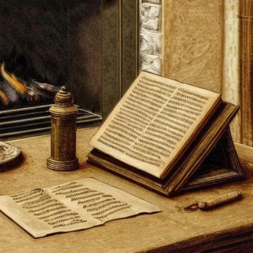 Prompt: A portrait of an ancient manuscript sitting on a table in a small kitchen in front of a fireplace