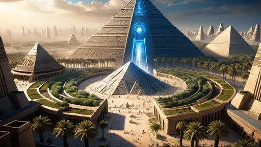 Prompt: Stargate in the middle of a city plaza, futuristic setting, aerial view, star portal, pyramid spaceships, floating pyramids, hanging gardens, detailed fantasy art, futuristic gardens, highres, detailed, aerial perspective, fantasy art, sci-fi, futuristic, star portal, detailed architecture, egyptian architecture, professional, magical lighting, atlantis setting