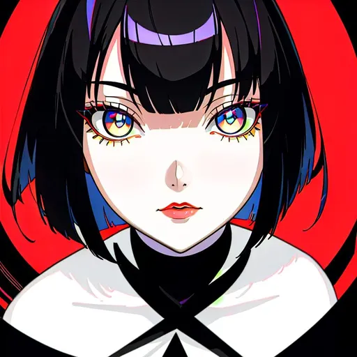 Prompt: a lonely AI girl, very tall, thick thighs, wide hips, long legs, slender waist, big beautiful symmetrical eyes, intriguingly beautiful face, aloof expression, bob haircut with bangs, wearing acid neo-GothPop fashion clothes, 12K resolution, hyper quality, hyper-detailed, depth of field