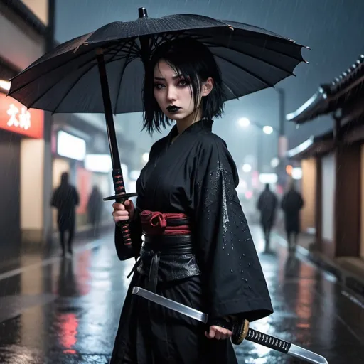 Prompt: Goth Japanese girl with a katana roaming the city at night, while it's raining.