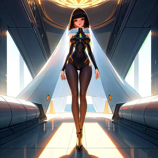 Prompt: a lonely AI lifeform, very tall, thick thighs, wide hips, huge glutes, long legs, slender arms, slender waist, big beautiful symmetrical eyes, intriguingly beautiful face, aloof expression, symmetrical face, bob haircut with bangs, high-fashion, hyper photorealistic, realistic lighting, realistic shadows, realistic textures, 36K resolution, 12K raytracing, hyper-professional, impossible quality, impossible resolution, impossibly detailed, hyper output, perfect continuity, realistic reflections