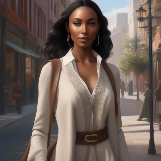 Prompt: perfect composition, ultra-realistic, front facing, a tall elvish woman with African-American features, walking down the street, 