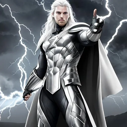 Prompt: thunder lightning storm powered superhero white & greyscale suit with lightning-flare cape norse thor inspired