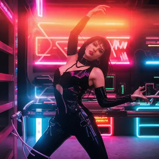 Prompt: a beautiful female demon in a dynamic pose in a retro futuristic synthwave cyberpunk neon paradise.  neon lighting, high quality, beautiful, synthwave, cyber, retro, futuristic