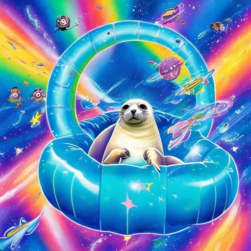 Prompt: Seal going down a Water slide in outer space in the style of Lisa frank