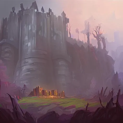 Prompt: hd painting of a ruined fortress in a dark forest 