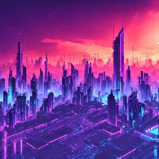 Prompt: The big capital city, blue, purple, pink, sunset, cyberpunk style