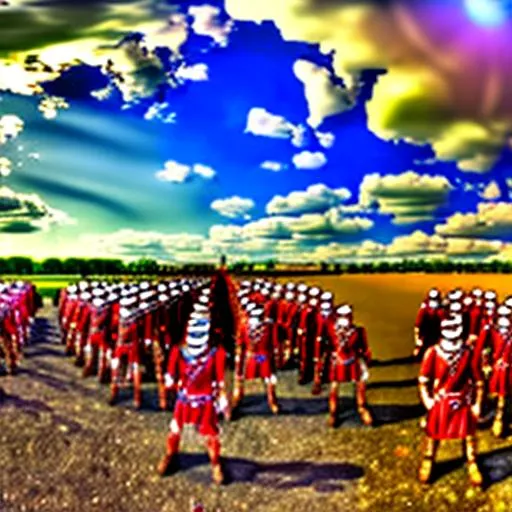 Prompt: long shot scenic professional photograph of god in the center of the battlefield of Armageddon surrounded by 100 of his warriors, perfect viewpoint, highly detailed, wide-angle lens, hyper realistic, with dramatic sky, polarizing filter, natural lighting, vivid colors, everything in sharp focus, HDR, UHD, 64K