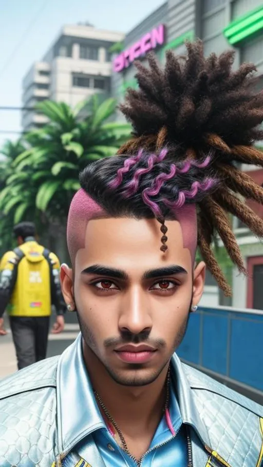 Prompt: A brown skin boy with short curly hair and black eyes with a pointed nose and hairy eyebrow with pink lower lip and brown upper lip with a cyberpunk background, super highly detailed, intricate details, 8k, Ultra HD, Professional, Sharp focus, studio photo, Render, realism