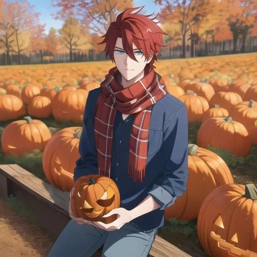 Prompt: Zerif 1male (Red side-swept hair covering his right eye, blue eyes), highly detailed face, UHD, wearing a cozy flannel shirt and a pair of stylish jeans. In the park, fall.  wearing a scarf, looking up at the sky, in a pumpkin patch,  young adult. Handsome,  detailed, UHD, HD, 4K, highly detailed, red haze, masculine