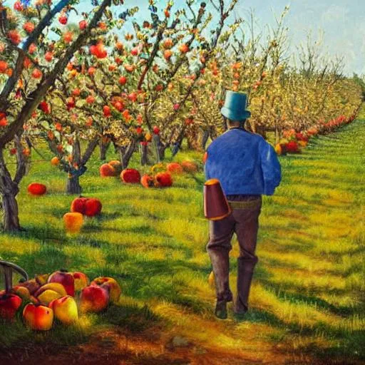 Prompt: johny appleseed, man with a pot on his head, walking through an apple orchard, oil painting, detailed