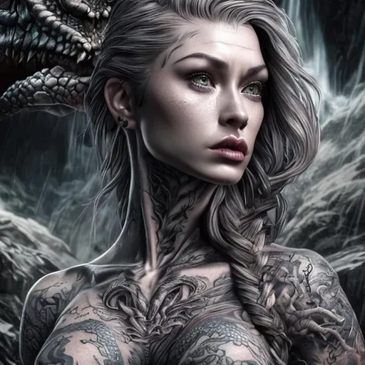 Prompt: (masterpiece) (very sharp) (4K UHD) (best quality) (hyper realistic).  tattooed woman into dragons lair, extremely detailed face, extremely detailed eyes, absolutely real, extremely detailed hair, dragon braid hairstyle, 3D illustration, extremely detailed lips, extraordinary beauty,  waterfall, extremely detailed tattoo art, grey eyes, rocky field, mountain field.