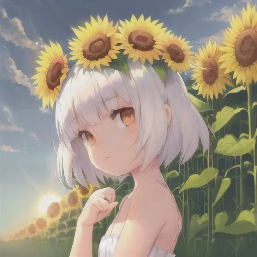 Prompt: Cute little girl white short hairs, a sun flower, and behind the sun