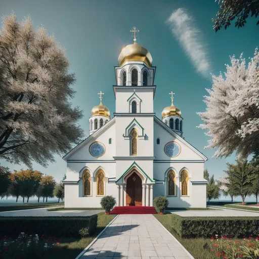 Prompt: A_masterpiece image of ((Christian Orthodox Church of Abkhazia)), high-detailed features of cultural design {(order), (axis), (proportions), (rhythm), (hierarchy), (datum), (aesthetics), (balance), (contrast), high quality of details, Ecclesiastic, high-end digital art}, Unreal Engine 5, Octane 3D HDR, Behance Cinema4D, CryEngine, ArtStation, UHD 128K resolution, lineart, depth increase, wide-angle view, volumetric lighting, zoom out, fit in frame, focus sharp, great background {(palm trees), (Black Sea shore), (Caucasus Mountains)}. 