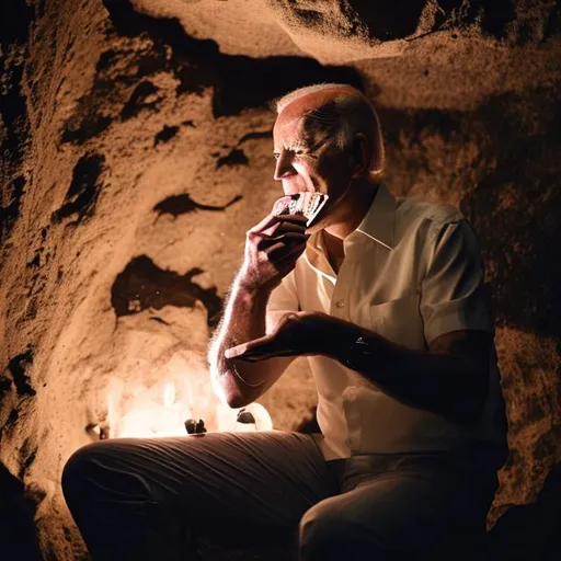 Prompt: biden eating icecream at night in a cave
