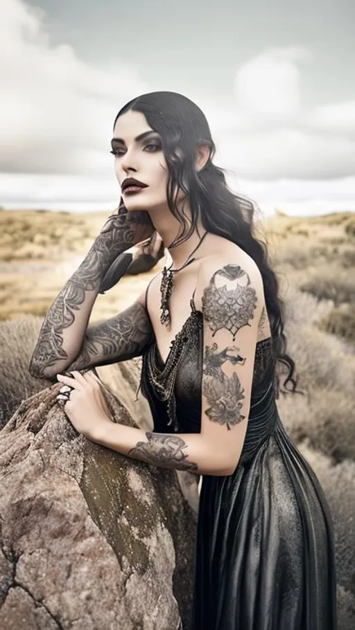 Prompt: Beautiful, Enigmatic, tattooed, Lilith, wearing a worn black dress, at the paramo, hyperrealistic, hyperdetailed, 16K, close-up, perfect composition, ambient light, textured skin, by Floria Sigismondi.