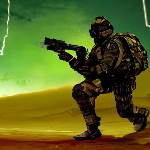 Prompt: 
concept art style, futuristic special ops soldier wearing biohazard gear covering firing an energy weapon at a second green figure, desert, night with full stars