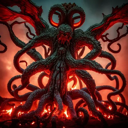 Prompt: tree kraken burning in angel hell