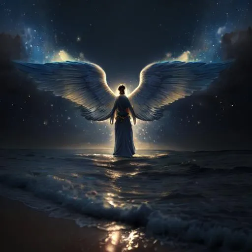 Prompt: A detailed picture of an angel of light with stars in its wings exiting the ocean, photo realistic