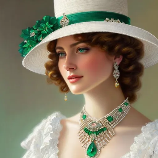 Prompt: A hyper realistic detailed image of a beautiful beautiful woman mix of edmund tarbell and paulus moreelse, (emerald green eyes)), with a ((White lace dress)), jewelry set, emeralds, with a high neckline, jewelry set, up flowing wild hair, wide brimmed white high hat, highly detailed, digital painting, trending JustLeonarda's art on DeviantArt, HD quality,on tan colored background