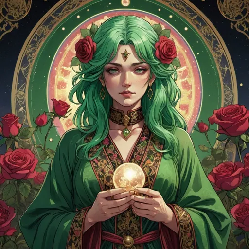 Prompt: tarot card Anime illustration, a green-haired woman, detailed ornate cloth robe, dramatic lighting, earth goddess, queen, roses
