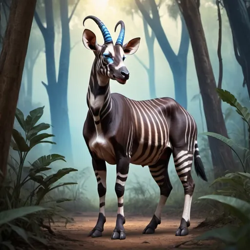 Prompt: Full-body, Fantasy Illustration of an okapi with two sabreshaped horns and blue glowing eyes, RPG-fantasy, intense, detailed, mystical atmosphere, savanna bush land  background, hyperrealistic 