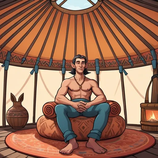 Prompt: fantasy man with pointed ears relaxing in a yurt cartoon