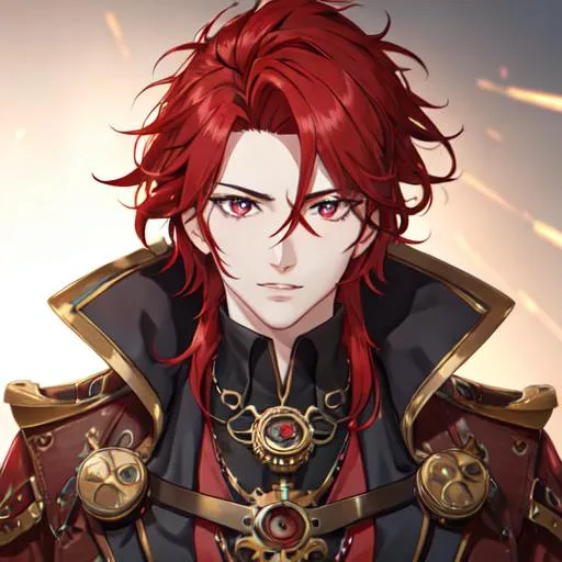 Prompt: Zerif 1male (Red side-swept hair covering his right eye) steampunk, UHD, 8K, highly detailed