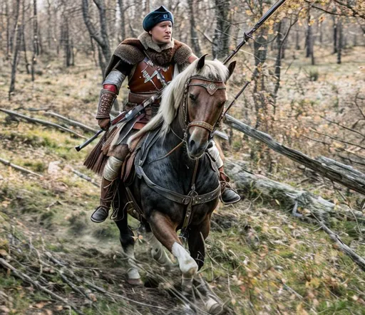 Prompt: a russian warrior on a horse, symetric face