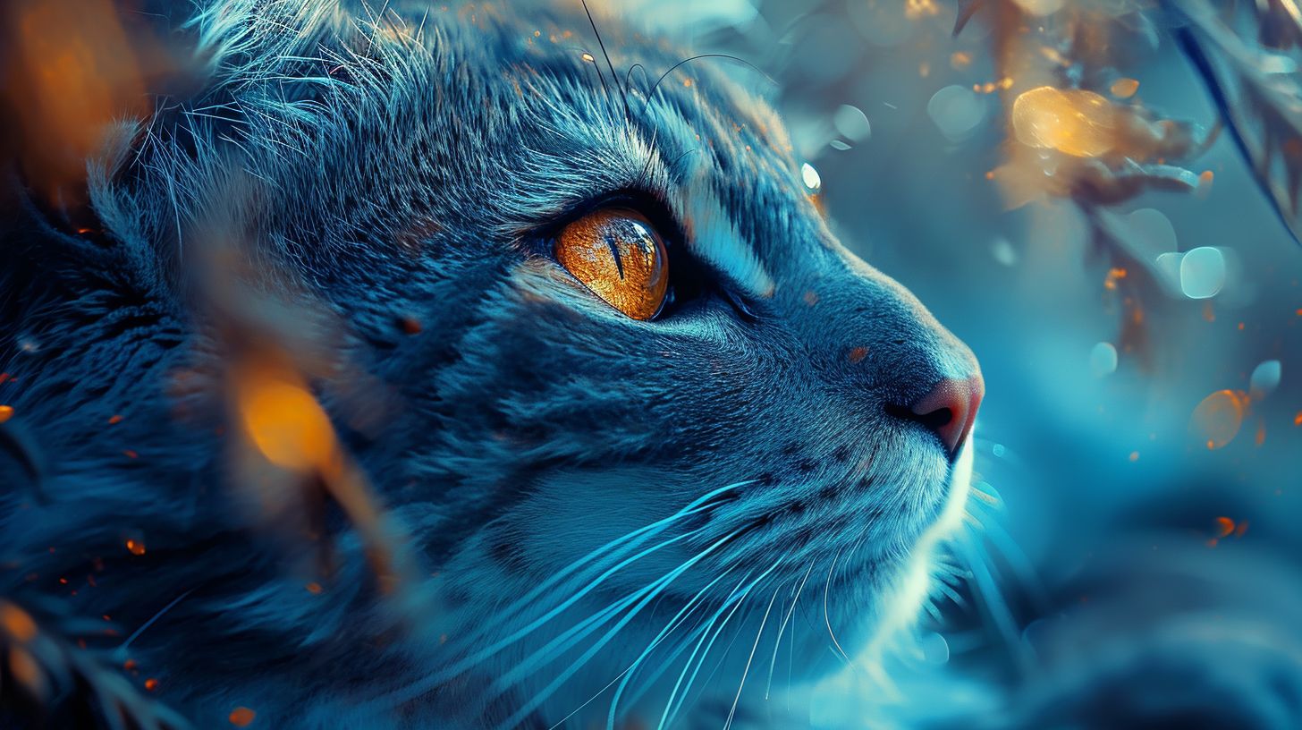 Prompt: The image is a macro photo capturing the intricate details of a mystical blue-furred feline’s face, with a focus on its luminous amber eyes. The background is softly blurred, yet hints of a fantastical environment filled with vibrant flora and glistening streams can be seen. The lighting is soft, highlighting the fine fur textures and creating a magical atmosphere.