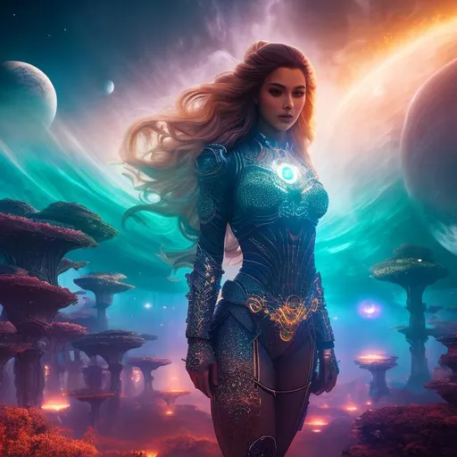 Prompt: create f photograph of beautiful fictional female goddess who is from future , extremely, wide angle, detailed environment, detailed background, planets an nebulae in sky highly detailed, intricate, detailed skin, natural colors , professionally color graded, photorealism, 8k, moody lighting

