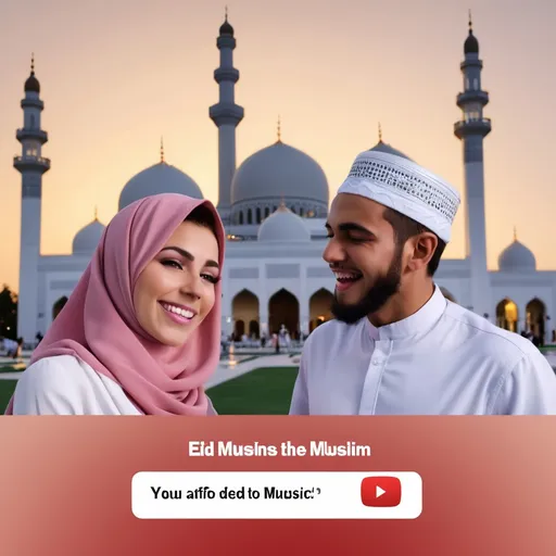 Prompt: YouTube  Thumbnail prompt  for idea of Muslims celebrating Eid with a man and woman and the background have beautiful mosque