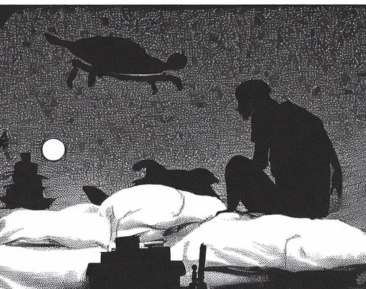 Prompt: As I waited for the bus, I watched your silhouette through your bedroom curtain. Your shoulders heaved with the pain of our parting, a pain which even the glorious flying turtles on their annual migration, high above the rooftops in the harvest moonlit sky could not chase away. In bed.