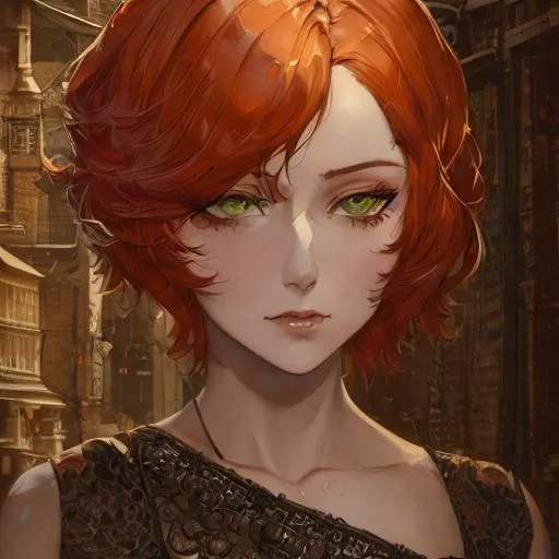 Prompt: portrait canvas, muted colors, watercolor style, vintage colors, by greg rutkowski, detailed, intricate face, detailed eyes, gentle tones, gothic tone, futuristic theme, cyberpunk theme, beautiful woman short orange hair, green eyes