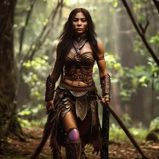 Prompt: Warrior woman Latin forest princess power dawn 