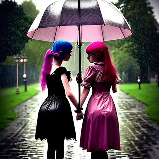 Prompt: Victorian gothic girl woth her bubble gum style girlfriend holding hands, realistic, real humans, in rain under a vintage umbrella