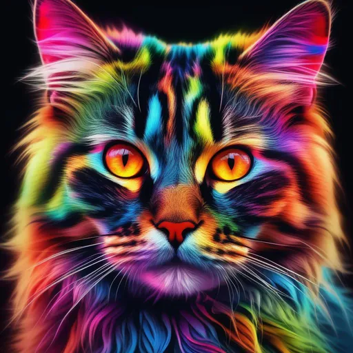 Prompt: Vibrant colourful cat, portrait, glaring, psychedelic colors, realistic, hyper detailed, highly detailed fur, 8k, full body, UHD, best quality, high quality, highly detailed, detailed background, artstation