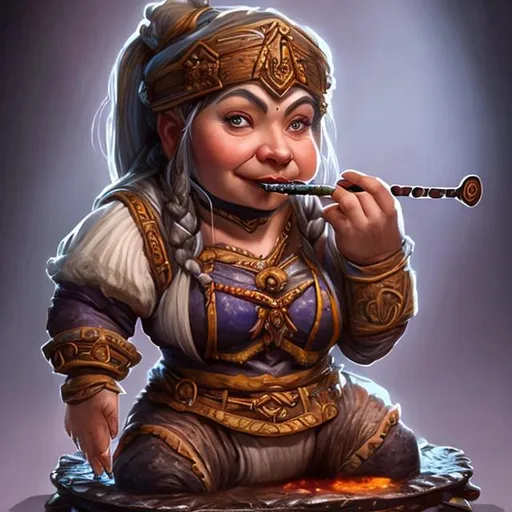 Prompt: Female dwarf on a hot plate playing  flute with 3 leggs
