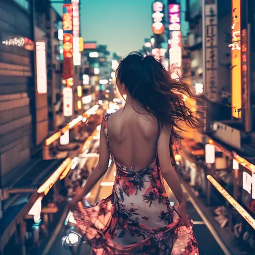 Prompt: beautiful woman dancing facing the city, flowy hair, with flowy dress on the roof of a japanese apartment complex, her back facing the photo, at night, background city of japan with bright lights and signs everywhere, high quality 
