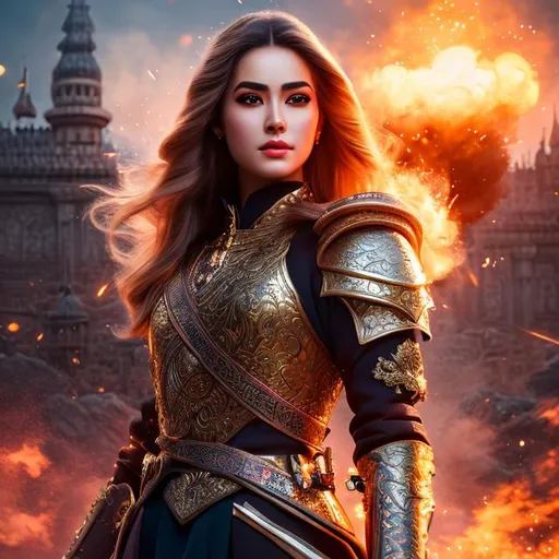 Prompt: create hig quality photograph of  beautiful female princes soldier with sunglasses oon, explosion in background, extremely detailed face, extremely detailed environment, extremely detailed background, intricate, extremely detailed skin, natural colors , professionally color graded, photorealism, 8k, realistic, moody lighting, ambience lighting