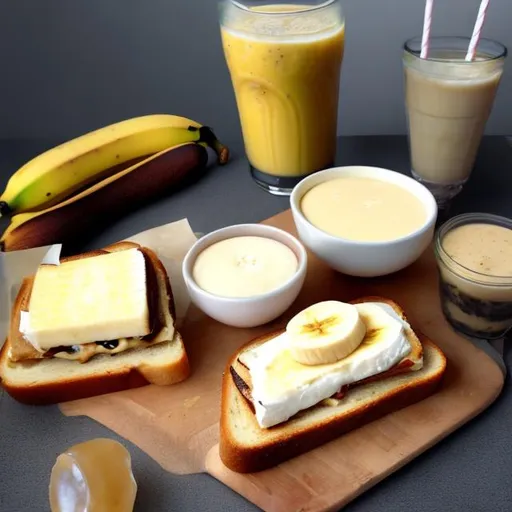Prompt: seductress banana cheese sandwich on toast with cheese milkshake 
