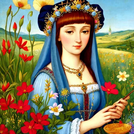 Prompt: Anne of Cleves as a fairy goddess, surrounded by wildflowers, closeup