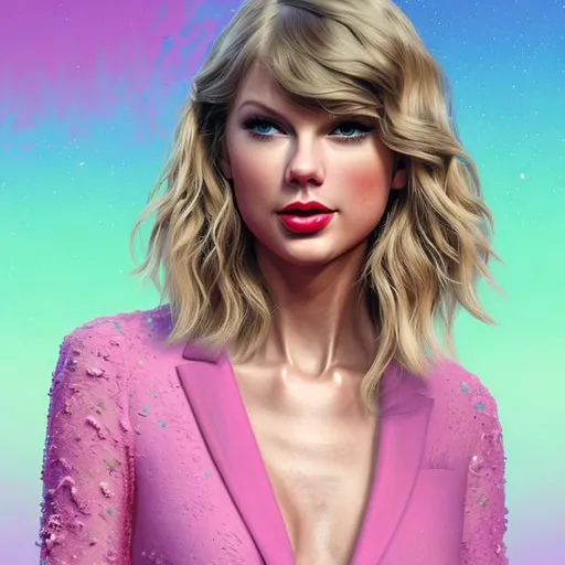 Prompt: generate me a Taylor Swift album cover concept with no words whatsoever on it as a redisign of her album cover for Lover, which features a portrait of taylor in front of a pastel sky, a light aesthetic true to her era of Lover. it must be highly realistic detailed, 4k HD , a detailed face with no words. she Has to have long hair, preferably colored blue or pink