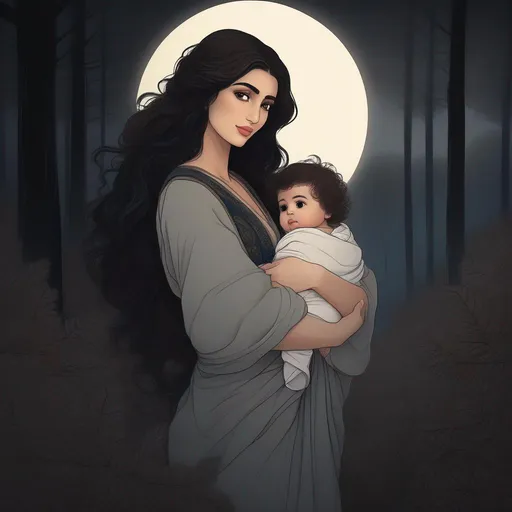 Prompt: highest quality anime art masterpiece, digital drawing, Azerbaijani woman with long black thick wavy messy hair:vistani, carrying a baldhead newborn baby boy in her arms, round face, broad cheeks, sad in a forest on a dark foggy night, big brown eyes, tanned skin:2, waxing moon, huge long wide broad hooked greek aquiline algerian oriental arabic nose, flat chest, ethereal, jewelry set, highres, realistic, highly detailed, fantasy, gypsy, roma, D&D, Ravenloft, by Ilya Kuvshinov