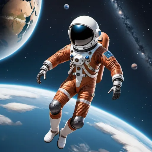 Prompt: a cartoon character floating in the air above the earth with a space suit on and a helmet on, with a space background, Felix-Kelly, afrofuturism, award-winning photograph, a poster